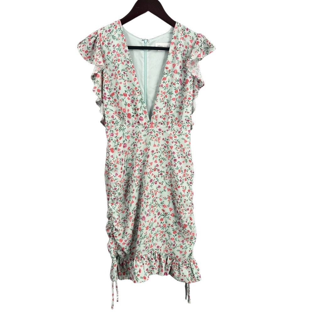 Lovers + Friends Mint Green Floral Ruffle Mini‎ Dress Deep V Sleeveless XS